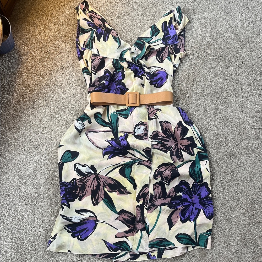 Marni sz40 unlined silk cascading ruffle floral summer dress w/leather belt